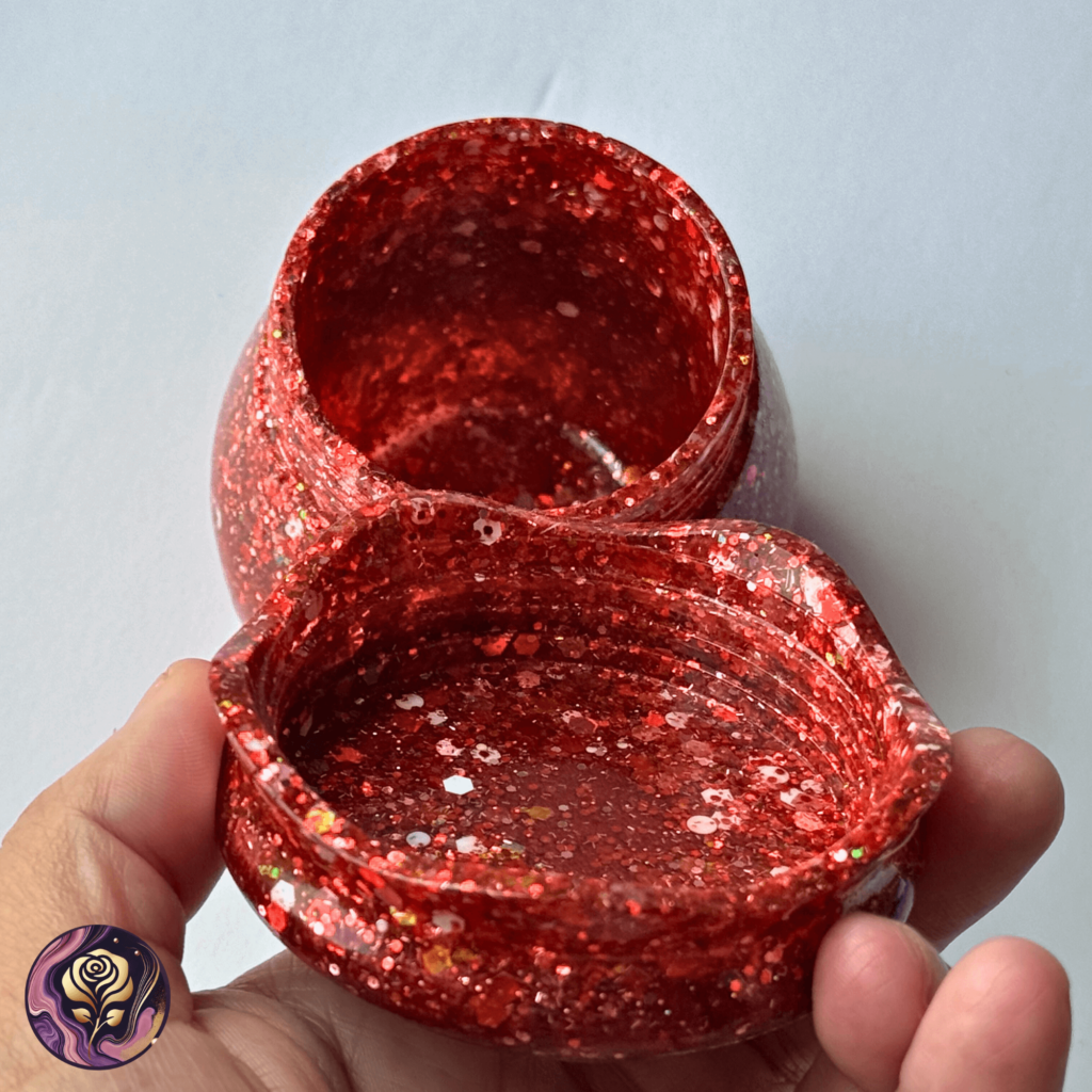 Custom resin jar with bold glitter and text overlay inviting custom color and decal choices for personalized stash or trinket containers.