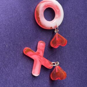 Red XO resin earrings with heart studs, handmade romantic jewelry gift for Valentine’s Day, lightweight and hypoallergenic"