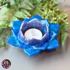 Handmade blue lotus tealight holder made of resin with shimmer pigments, perfect for altar or boho decor