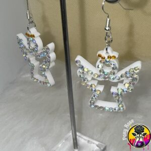 Handmade angel resin earrings with rhinestones and gold halo, dangle design for a unique gothic look. Lightweight and perfect for everyday wear or gifts.