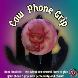 Handmade pink cow resin phone grip with galaxy glitter and adhesive back, styled for phones or Kindles