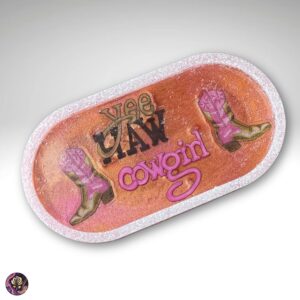 Handmade rustic resin jewelry tray with Western cowgirl boots and shimmering tones, perfect for organizing accessories or decorating with country flair
