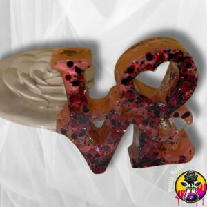 Handmade red and black glitter Love Resin Statue – romantic shelf or desk decor gift by Poxy Rose