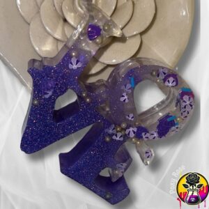 Handmade Purple Love Resin Statue with glitter and shell accents – custom desk and shelf decor by Poxy Rose