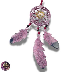 Handmade red, black, and silver dreamcatcher with resin feathers, floral centerpiece, and glitter accents for boho or tribal-inspired home decor