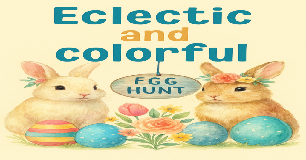 Easter 2025 graphic with a bunny, colorful eggs, flowers, and a sign reading 'Egg Hunt' in a cheerful spring scene