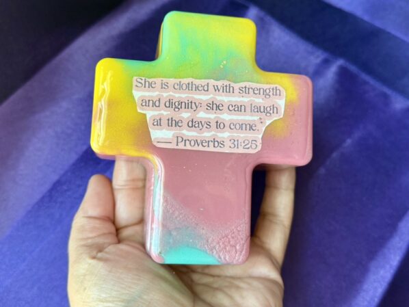 Christian gift box featuring Proverbs 31:25 and multicolor resin finish