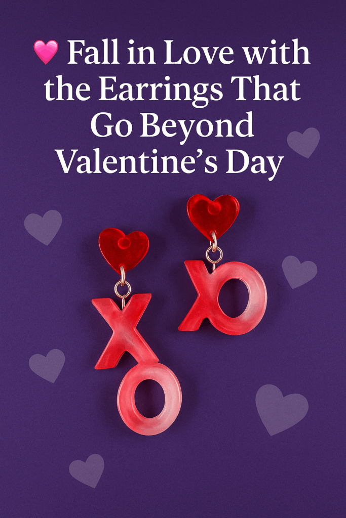 Handmade red and pink resin XO earrings with heart accents displayed on purple fabric, highlighting lightweight hypoallergenic jewelry for Valentine’s Day, Galentine’s, or everyday style.