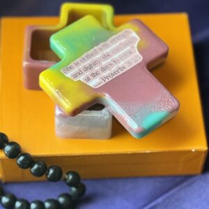 Pastel pink and yellow cross box with inspirational scripture for women