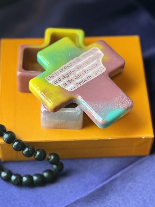 Pastel pink and yellow cross box with inspirational scripture for women
