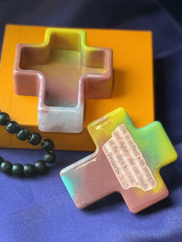 Resin cross trinket box with engraved Proverbs 31:25 Bible verse