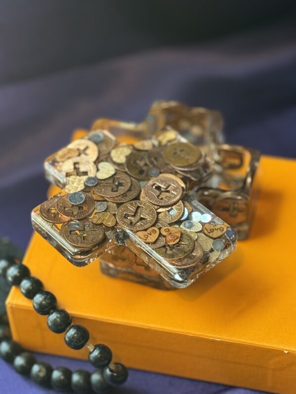 Inspirational resin cross box with coins and love charms, perfect spiritual gift