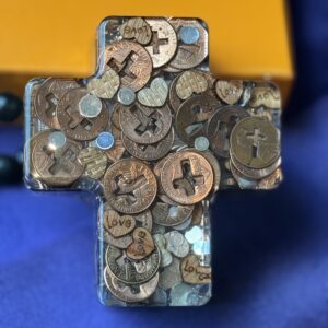 Cross trinket box with real pennies and wooden hearts embedded in clear resin