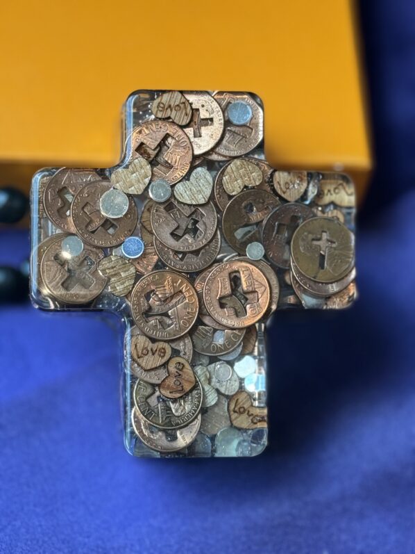 Cross trinket box with real pennies and wooden hearts embedded in clear resin