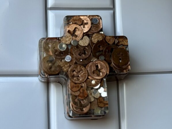Cross trinket box with real pennies and wooden hearts embedded in clear resin