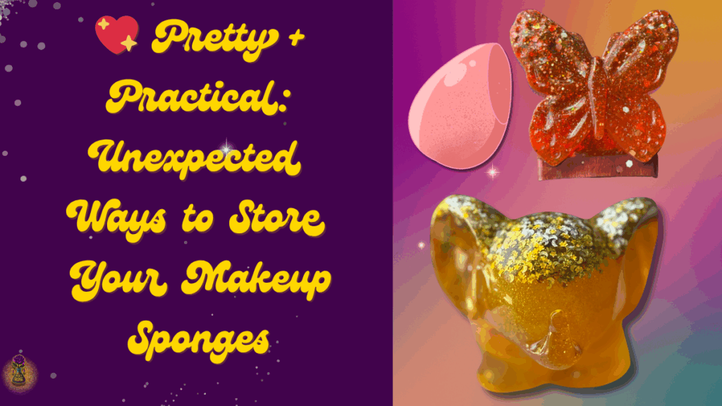 Resin butterfly and cat sponge holders displayed with a pink makeup sponge — vibrant pink-orange background with sparkles.